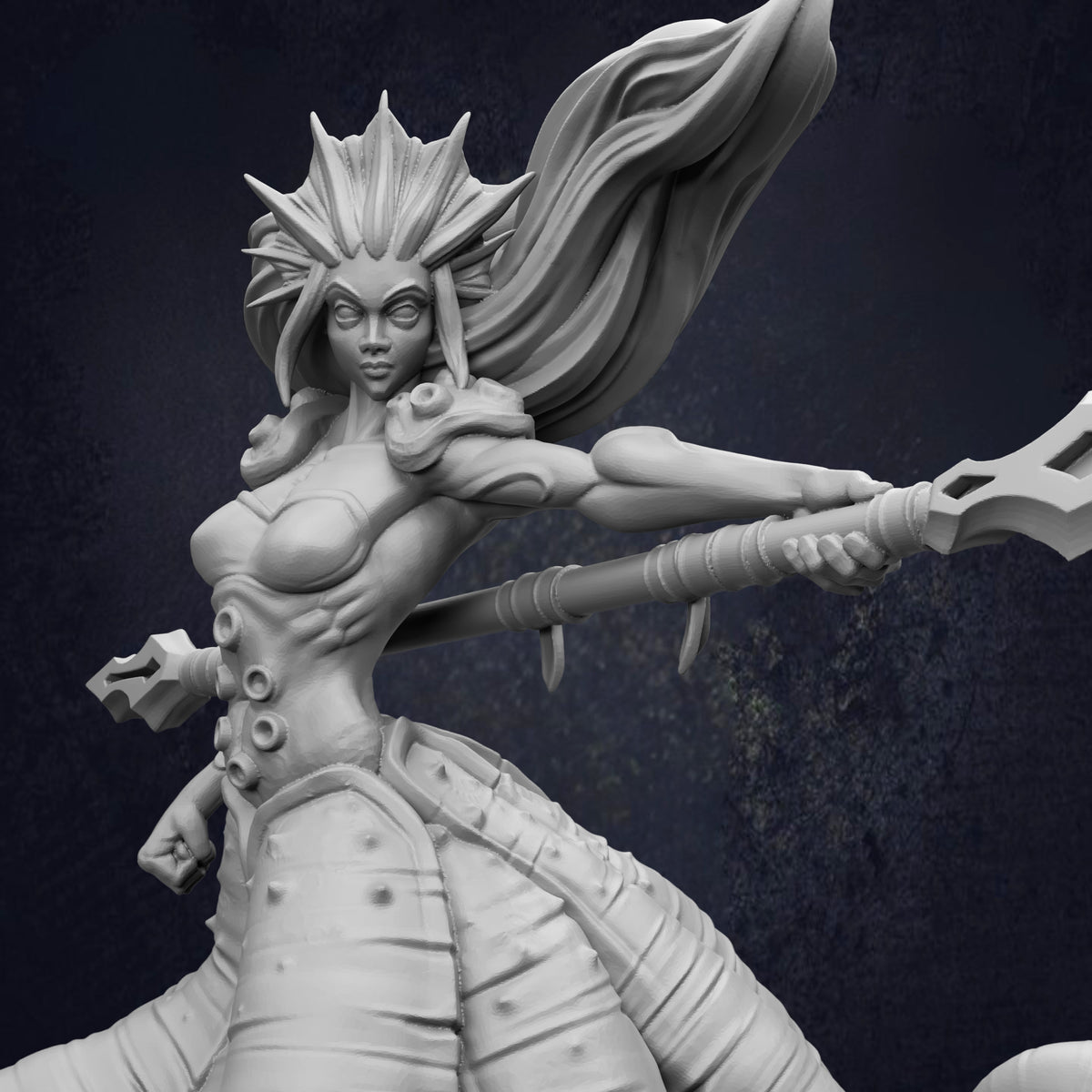 A detailed 3D rendering of a female character with an elaborate, stylized hairstyle and intricate costume, holding a weapon and appearing to be in motion.
