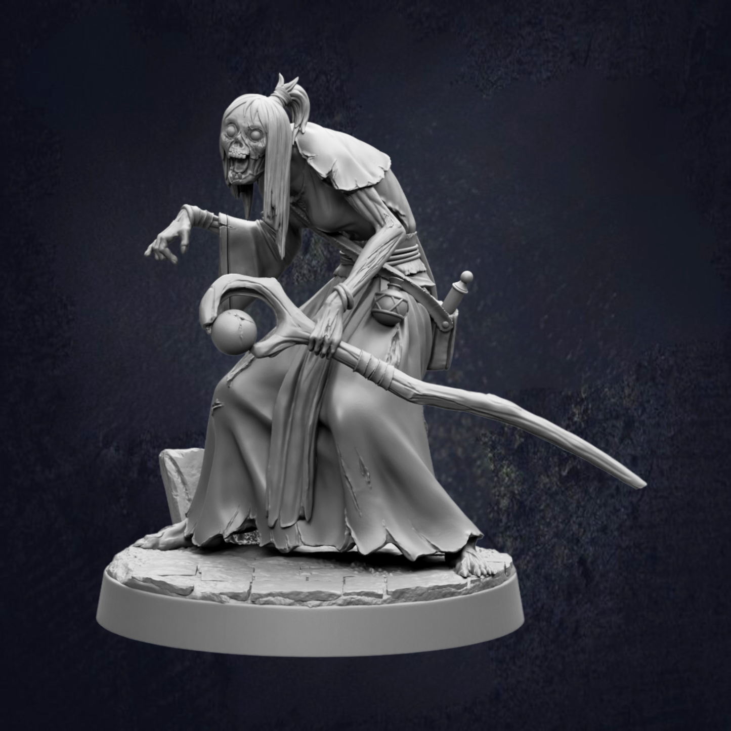 A dark, ominous statue of a creepy-looking creature with a long, curved weapon and a large ball in its hand, set against a dark background.