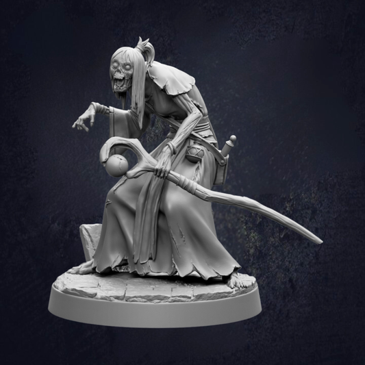 A dark, ominous statue of a creepy-looking creature with a long, curved weapon and a large ball in its hand, set against a dark background.