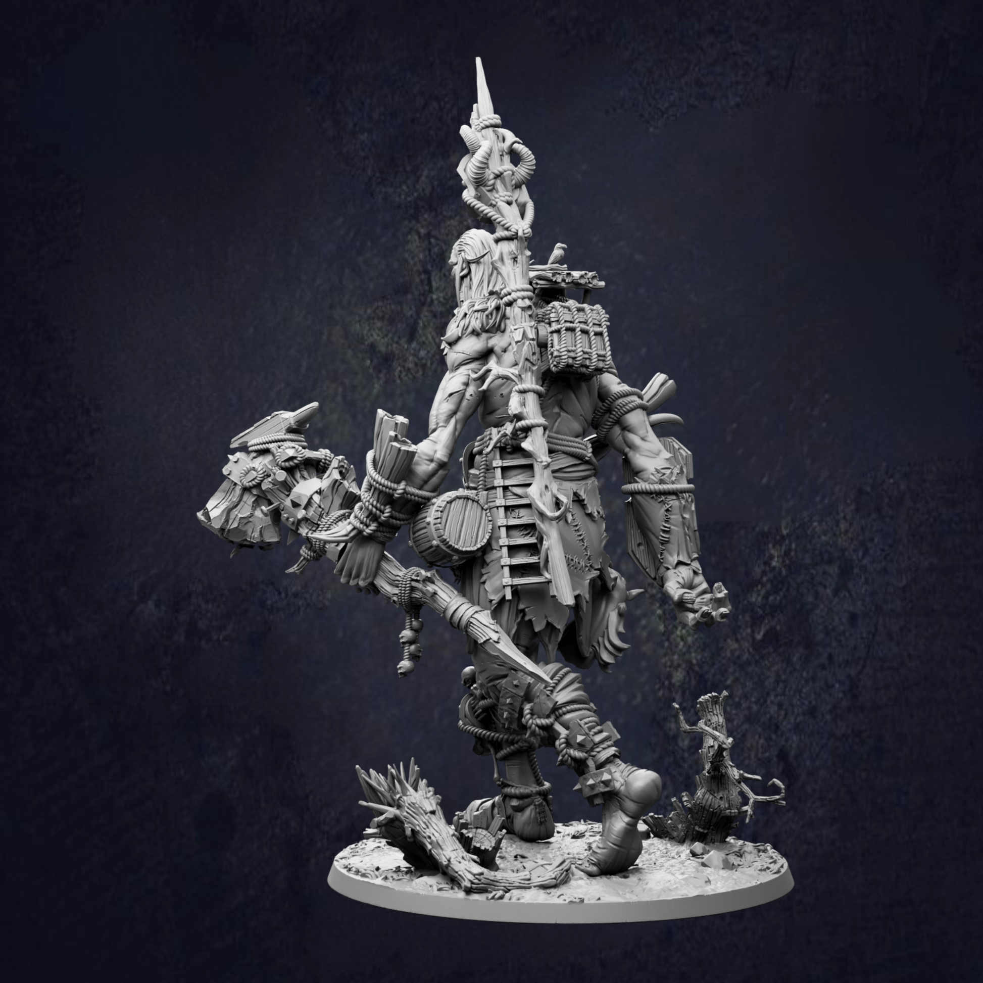 A detailed, intricate statue of a fantastical creature with multiple arms, sharp weapons, and a pointed headdress, set against a dark background.