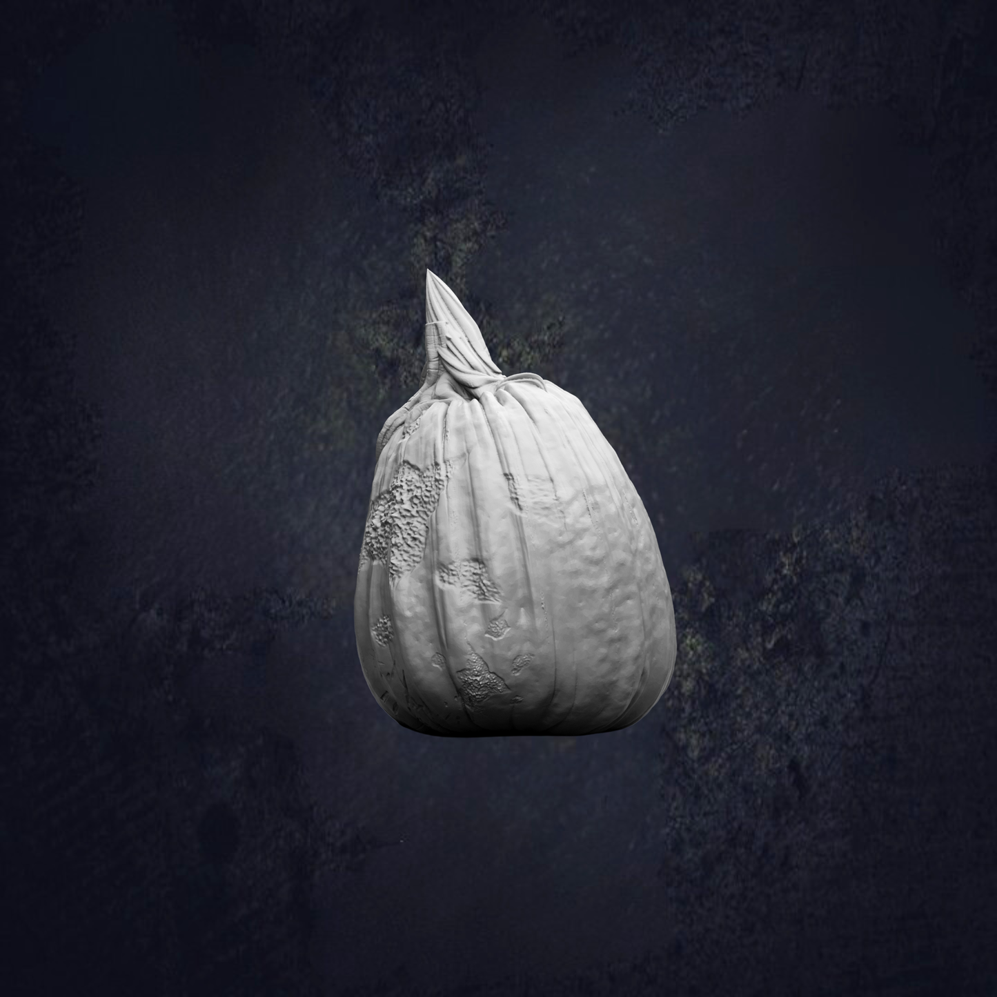 A white, wrinkled garlic bulb is shown against a dark, textured background.