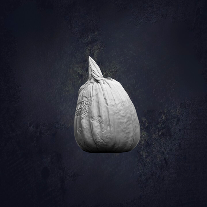 A white, wrinkled garlic bulb is shown against a dark, textured background.