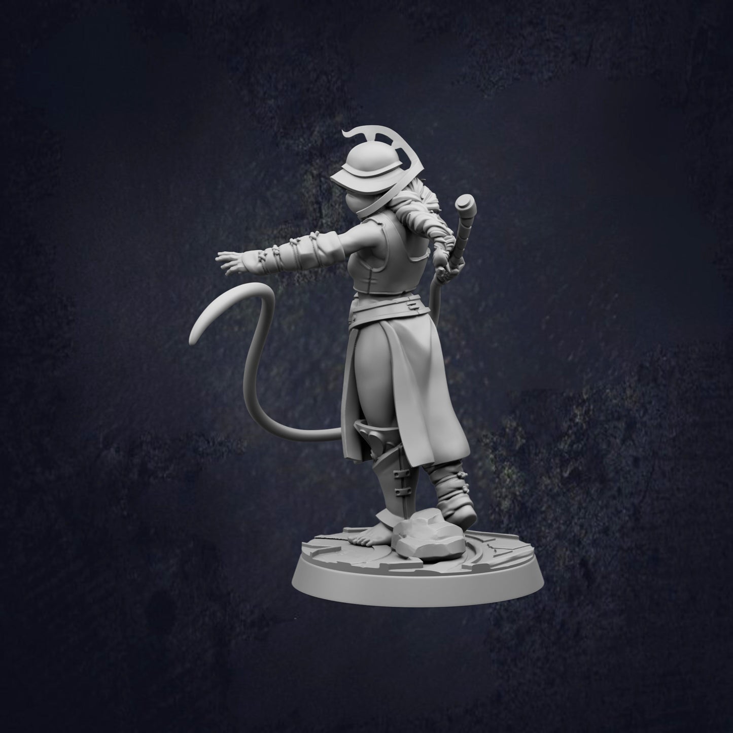 A 3D model of a female character with a cat-like appearance, wearing a long skirt and a helmet, standing on a platform and holding a weapon.