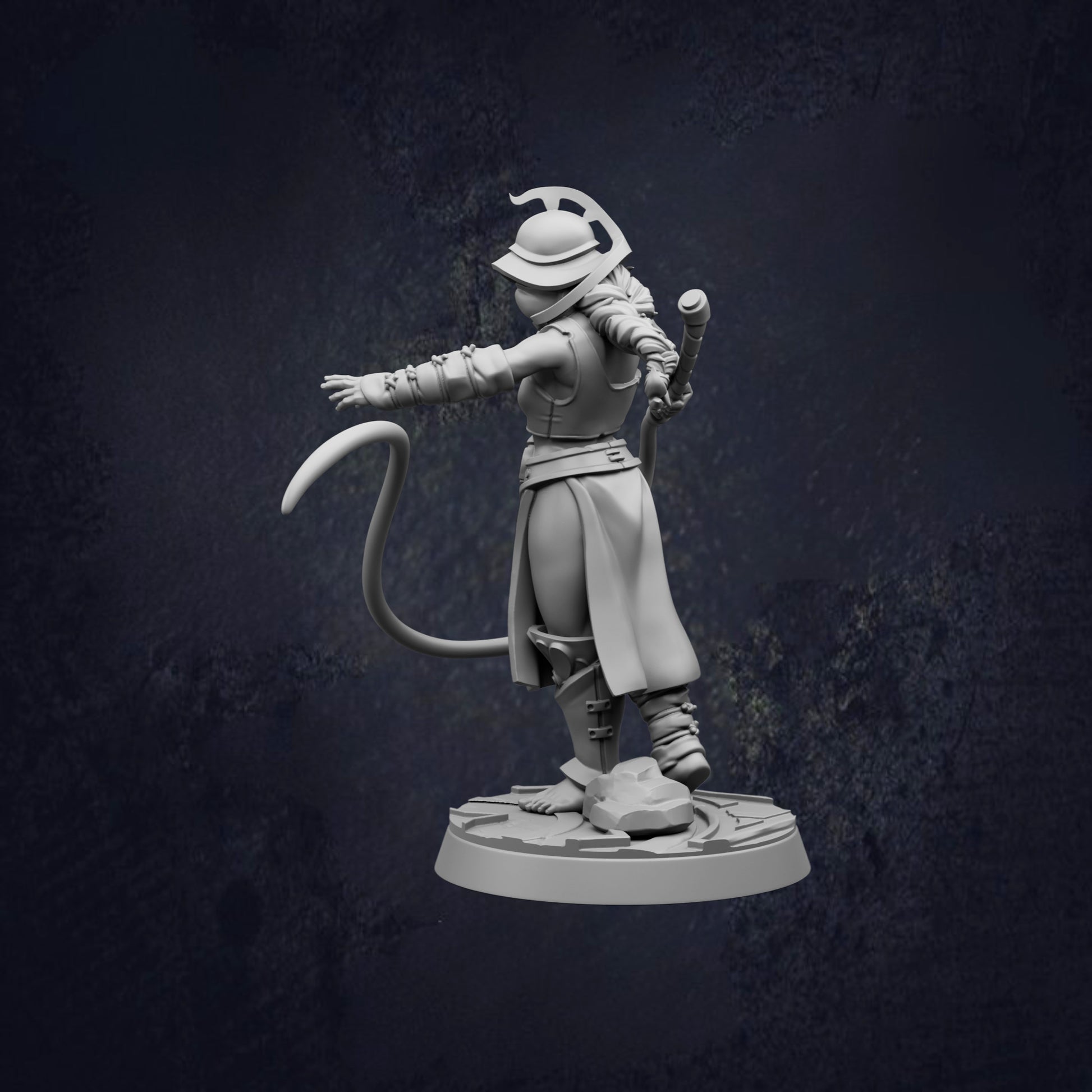 A 3D model of a female character with a cat-like appearance, wearing a long skirt and a helmet, standing on a platform and holding a weapon.