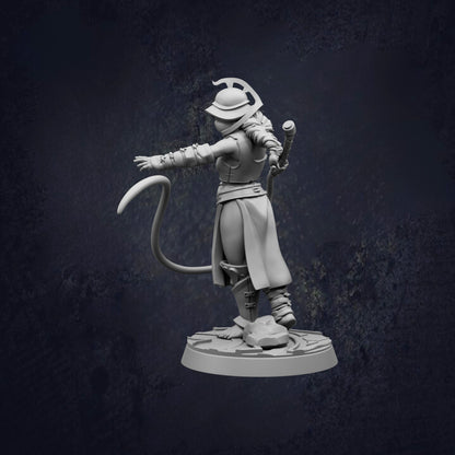 A 3D model of a female character with a cat-like appearance, wearing a long skirt and a helmet, standing on a platform and holding a weapon.
