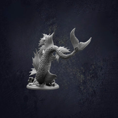 A detailed 3D model of a mermaid-like creature with a tail and fins, set against a dark background.