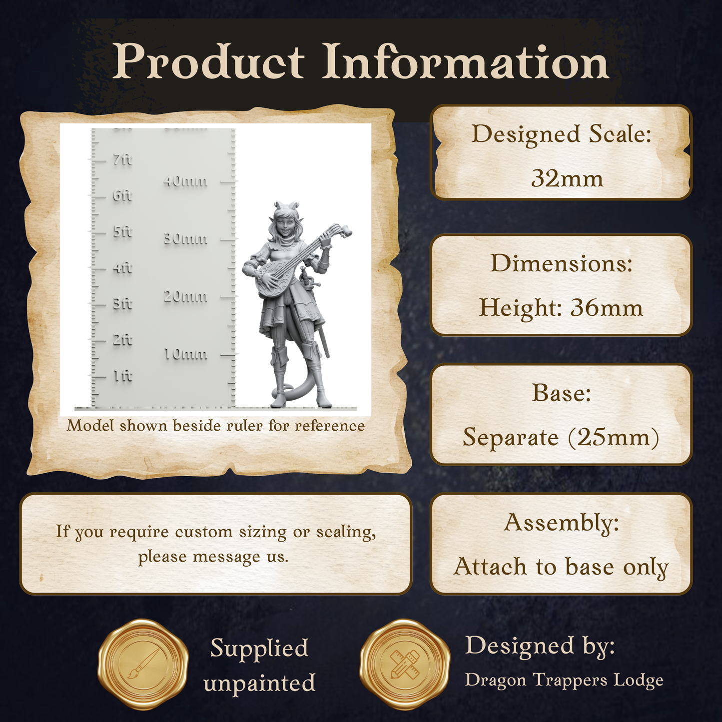 The image is a product information graphic that provides details about a model, including its dimensions, height, base, and assembly instructions.
