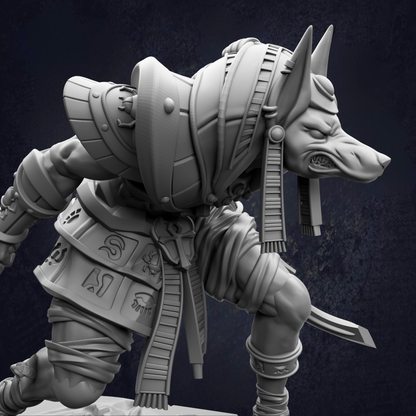 A detailed 3D rendering of a fierce-looking Egyptian-style creature, possibly a mythical or fantastical being, with intricate armor and a fierce expression.