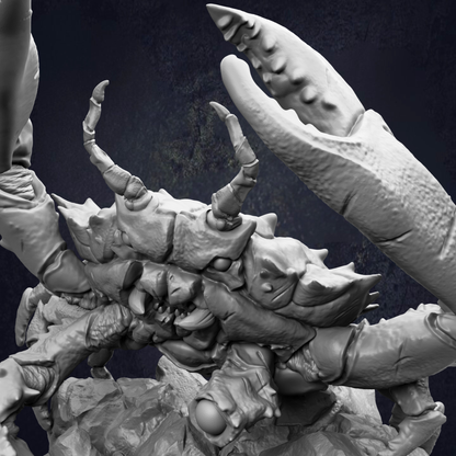 A detailed 3D model of a crab-like creature with sharp claws and a menacing expression, set against a dark background.