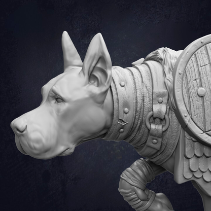 A detailed 3D rendering of a dog wearing a leather-like armor with a shield on its back, set against a dark background.