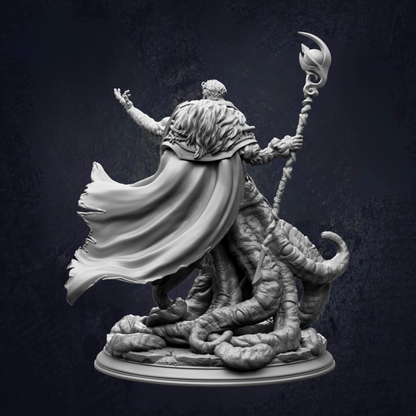 A detailed 3D model of a fantastical creature, possibly a dragon or serpent, with flowing robes and a staff, set against a dark background.