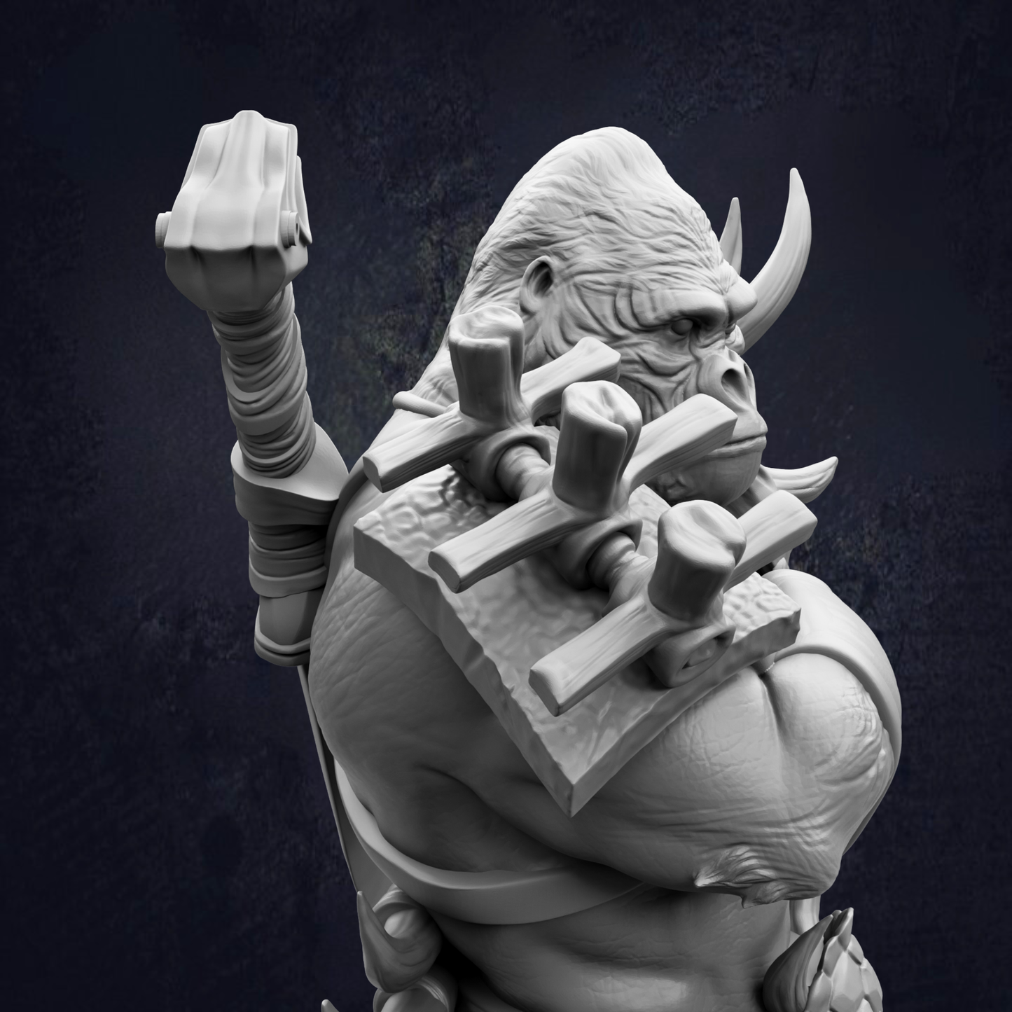A detailed 3D rendering of a fantastical creature, possibly a monster or a dragon, with intricate textures and features. The creature appears to be a large, imposing figure with sharp teeth and claws, and it is holding a large weapon in its hands. The background is dark and textured, providing a stark contrast to the creature and making it the focal point of the image.