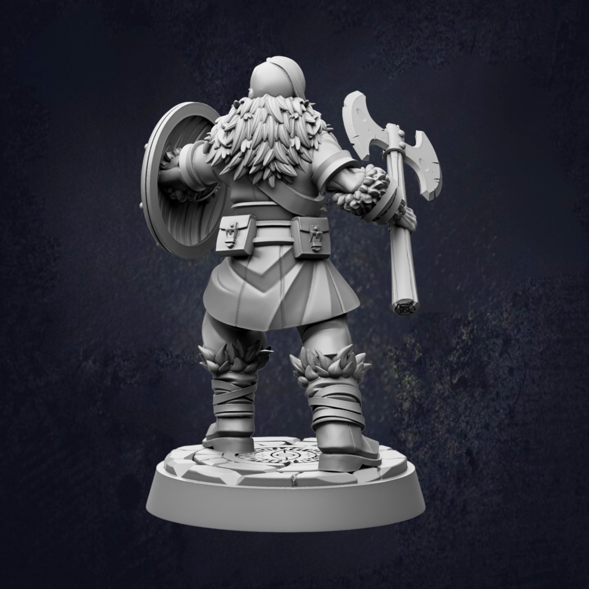 A 3D model of a dwarf warrior holding a shield and an axe, standing on a platform against a dark background.