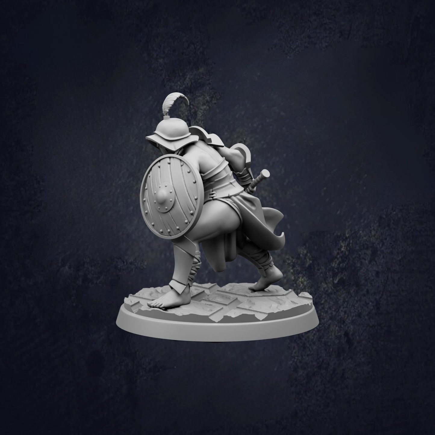 A 3D model of a warrior figure, wearing a helmet and carrying a shield, is depicted in a dynamic pose against a dark background.