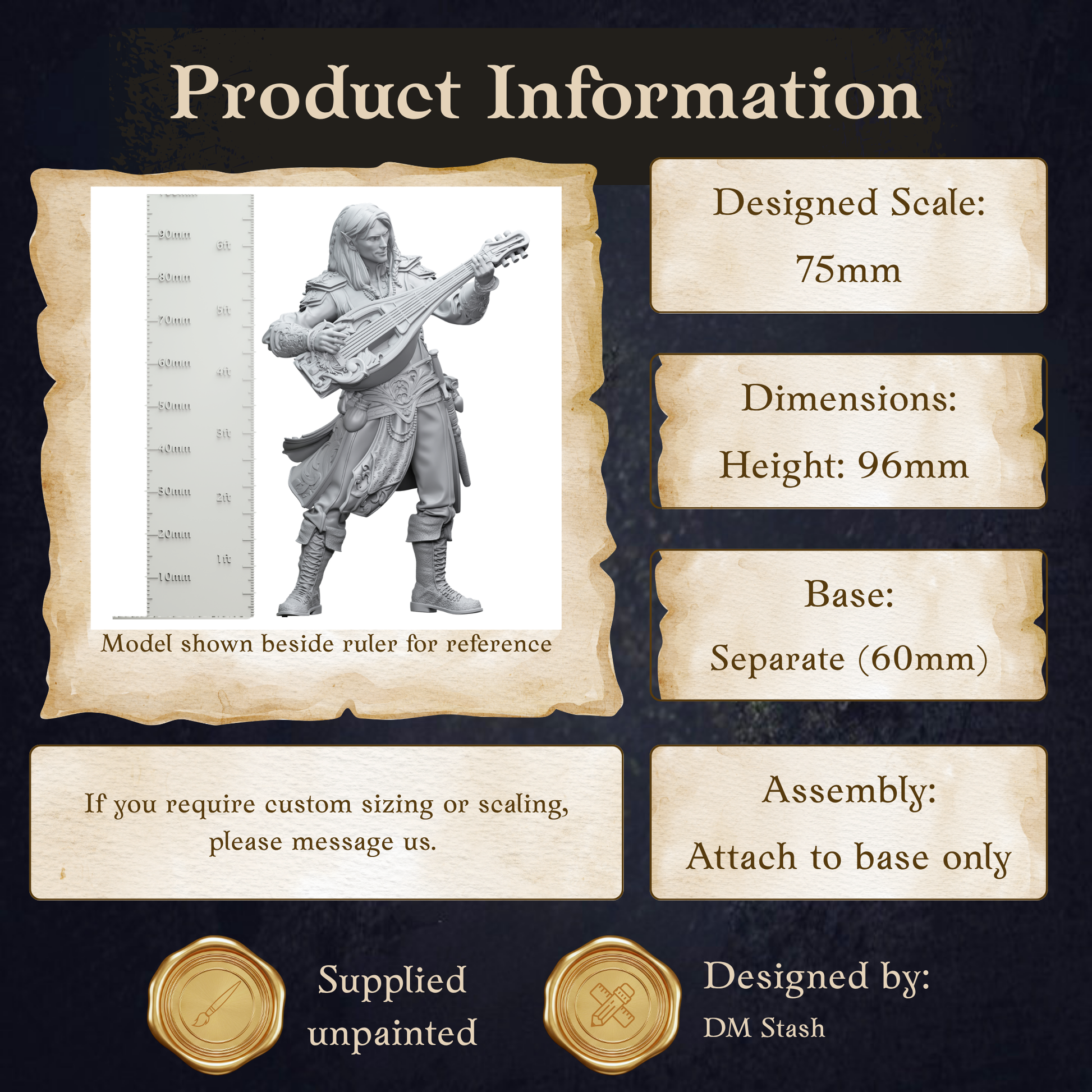 The image is a product information graphic for a 75mm model shown beside a ruler for reference. The dimensions of the model are height 90mm and base 60mm. The product is designed by DM Stash. The image is a collage of multiple images, and it is not a single image but a collection of images. The phrase "If you require custom sizing or scaling, please message us" suggests that the image is intended for customization, and the phrase "Attach to base only" indicates that the base is not unpainted.