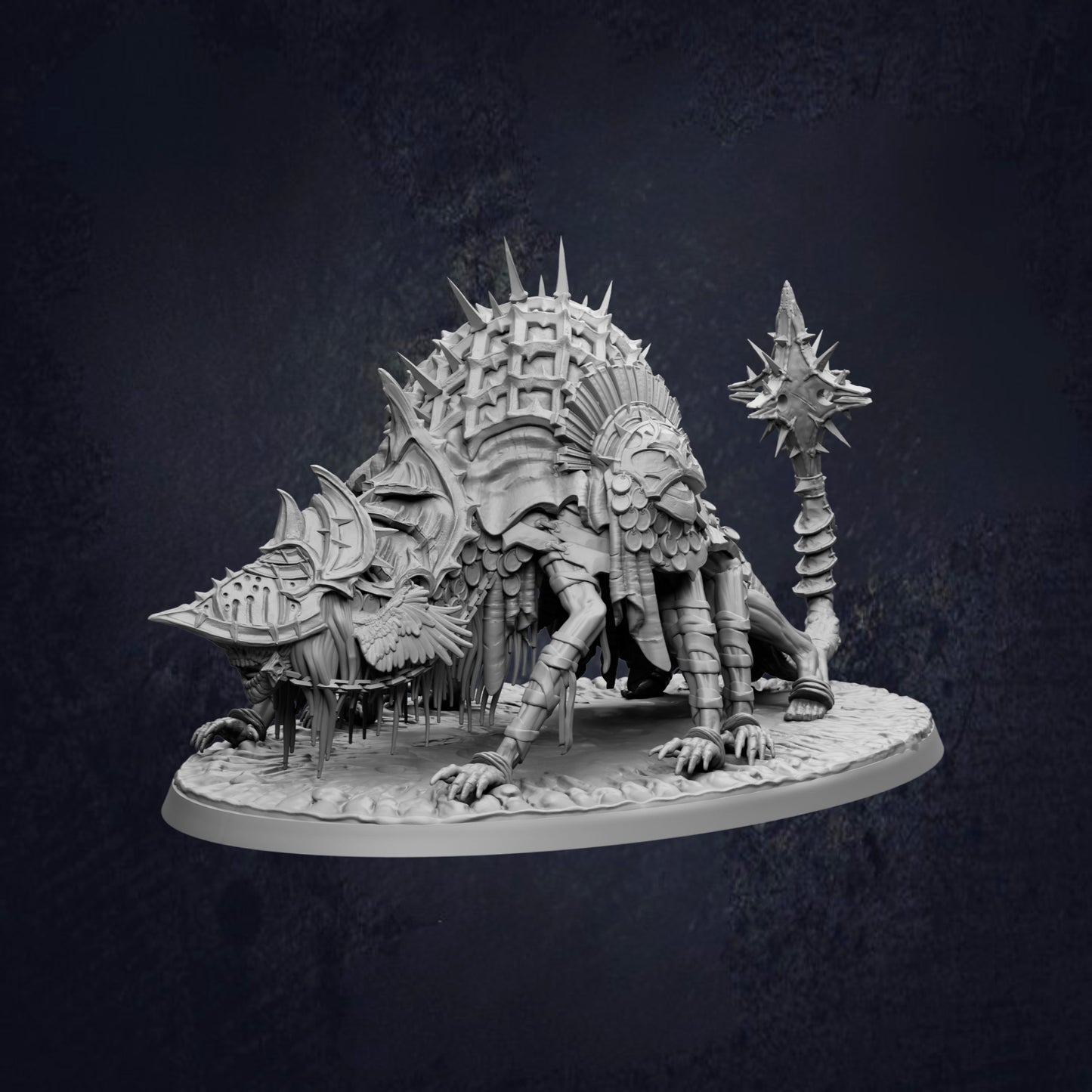A detailed 3D model of a fantastical creature with spikes and a pointed head, standing on a platform against a dark background.