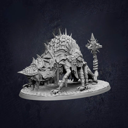 A detailed 3D model of a fantastical creature with spikes and a pointed head, standing on a platform against a dark background.
