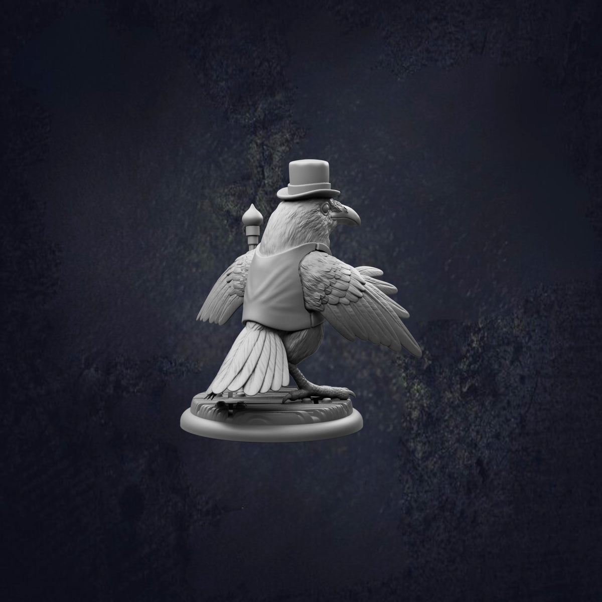 A statue of a bird wearing a top hat and vest, standing on a pedestal against a dark background.