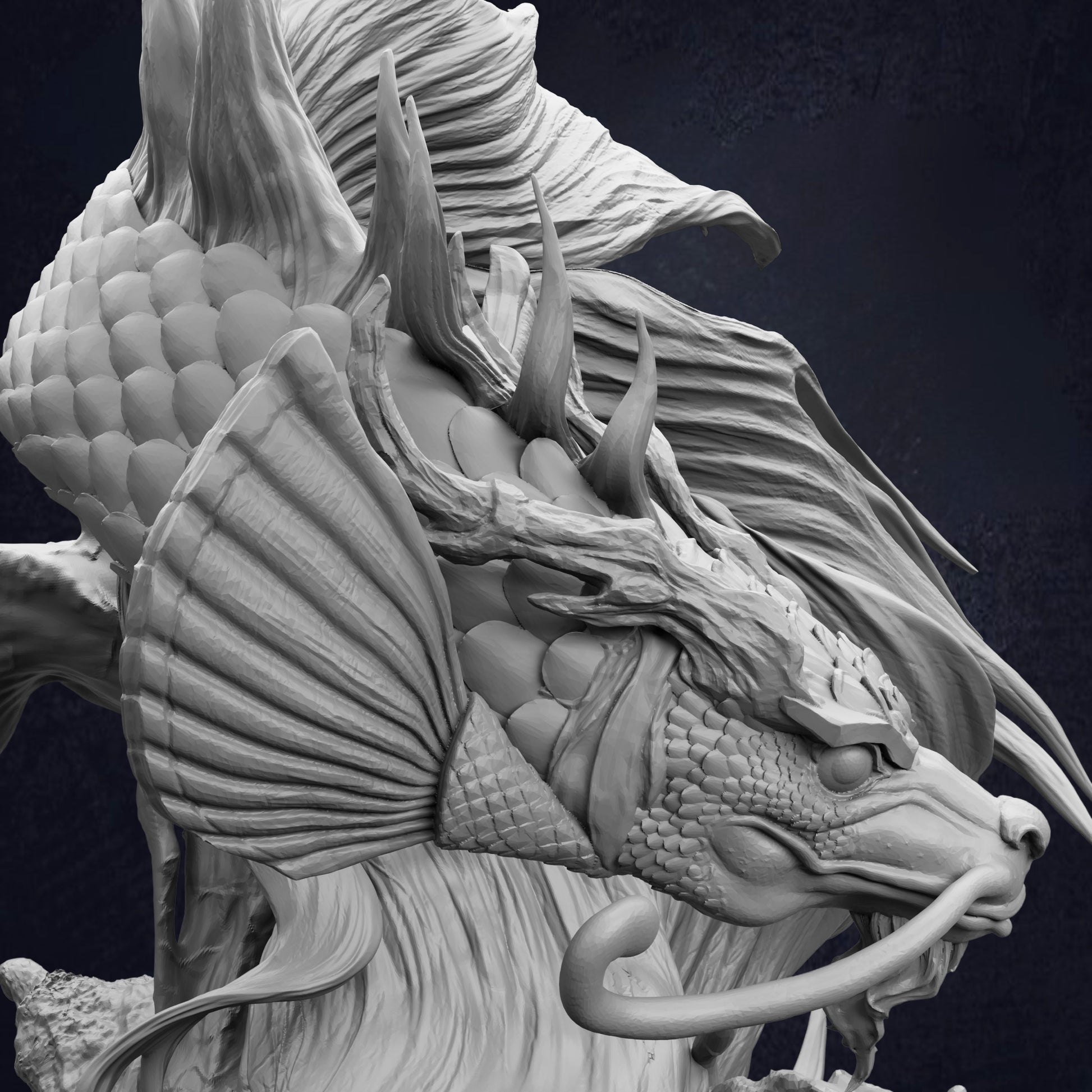 Close up view of the Koi Dragon Gargantuan Ancient Water Dragon D&D RPG miniature, showing a serpentine dragon with flowing fins, whiskers and detailed scales rising from a rocky ocean base. 166mm tall on a 100mm base. Requires assembly.