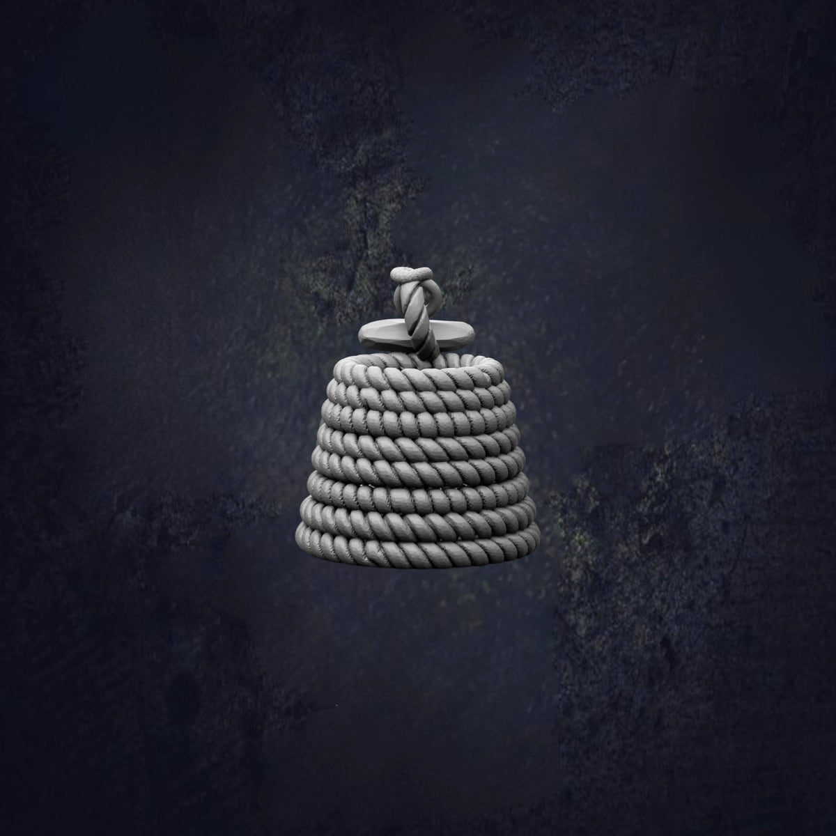 A white, coiled rope is the central focus of the image, set against a dark, textured background.