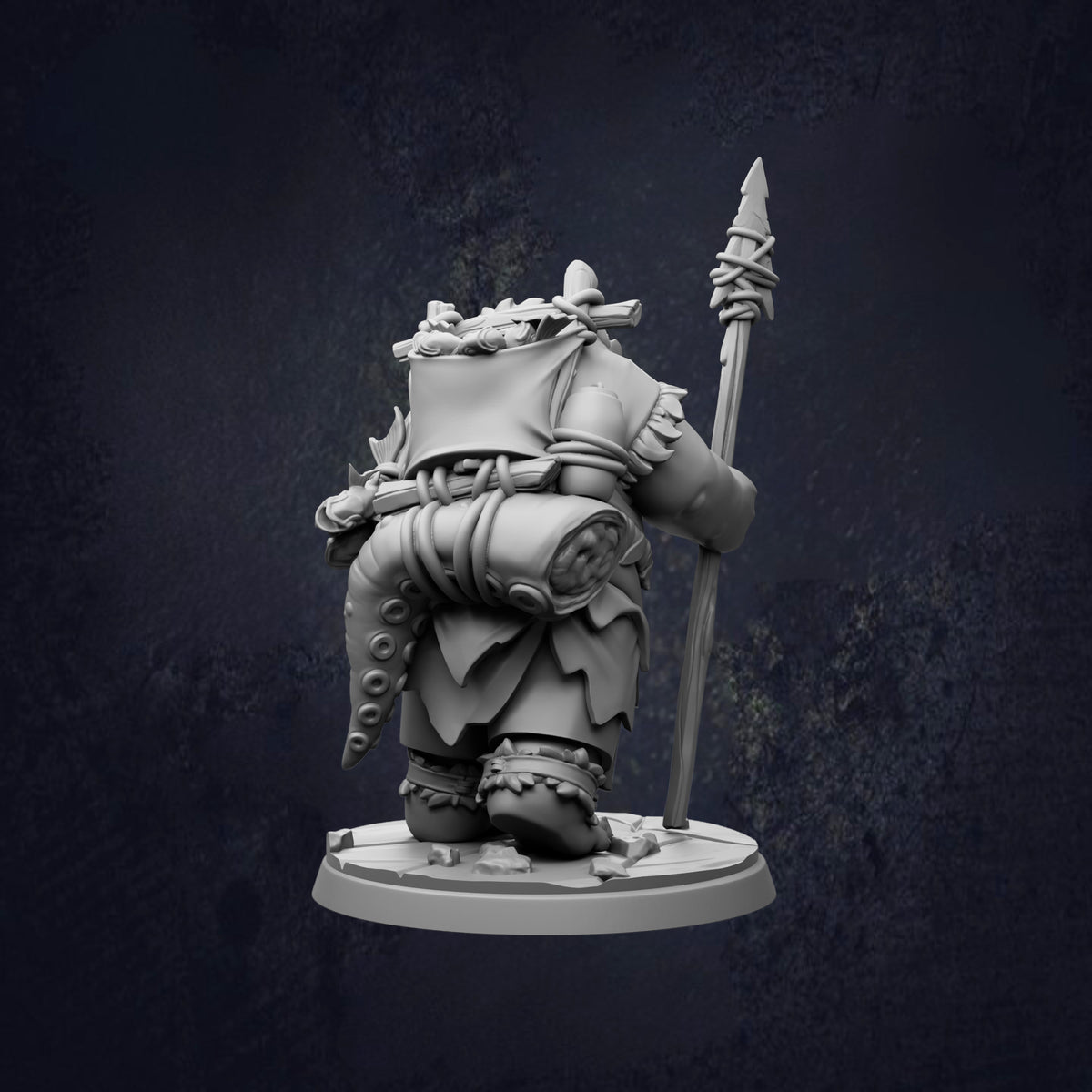 A 3D model of a character with a spear and a backpack, standing against a dark background.