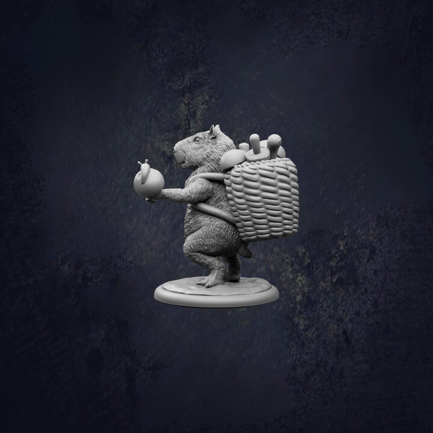 A statue of a rat carrying a basket of apples.