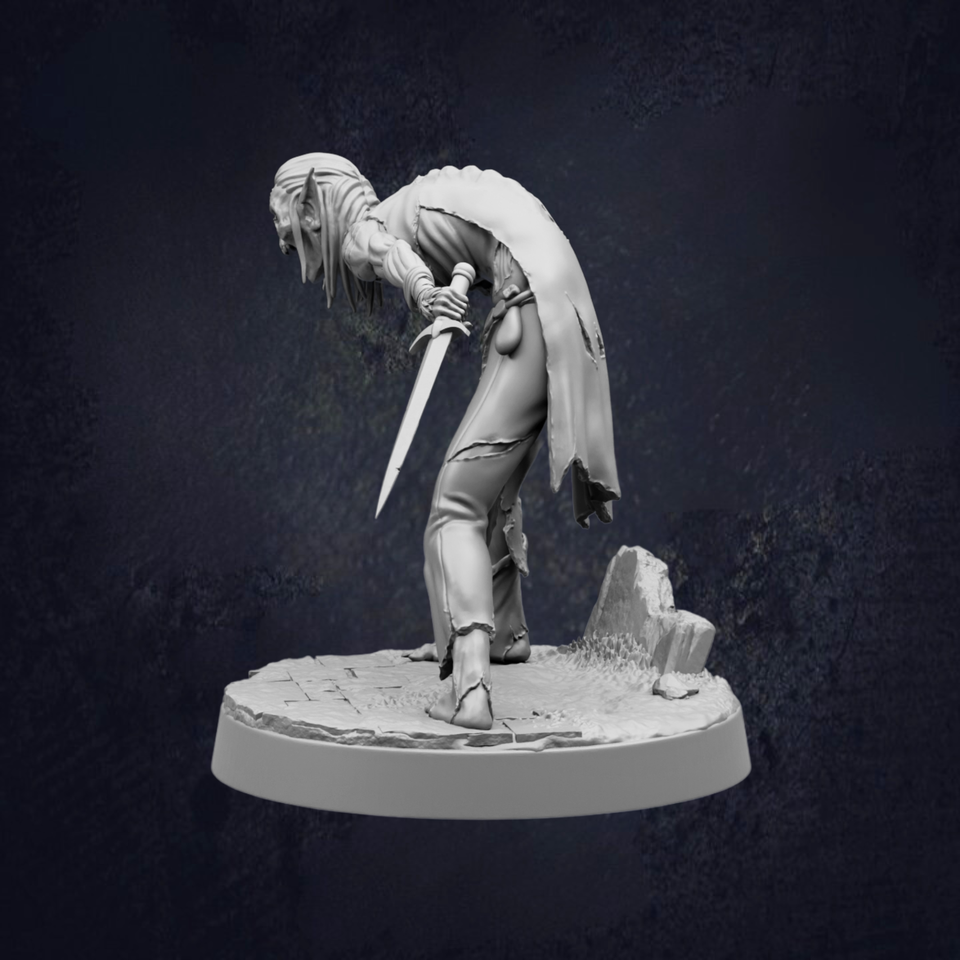 A 3D model of a character holding a sword and standing on a platform against a dark background.