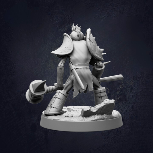 A 3D model of a warrior figure, wearing armor and wielding a weapon, is depicted in a dark background.