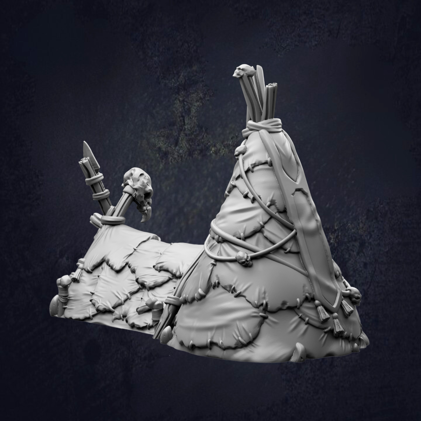 A 3D rendering of a tent-like structure with a skull on top, set against a dark background.