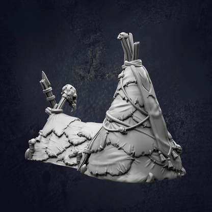 A 3D rendering of a tent-like structure with a skull on top, set against a dark background.