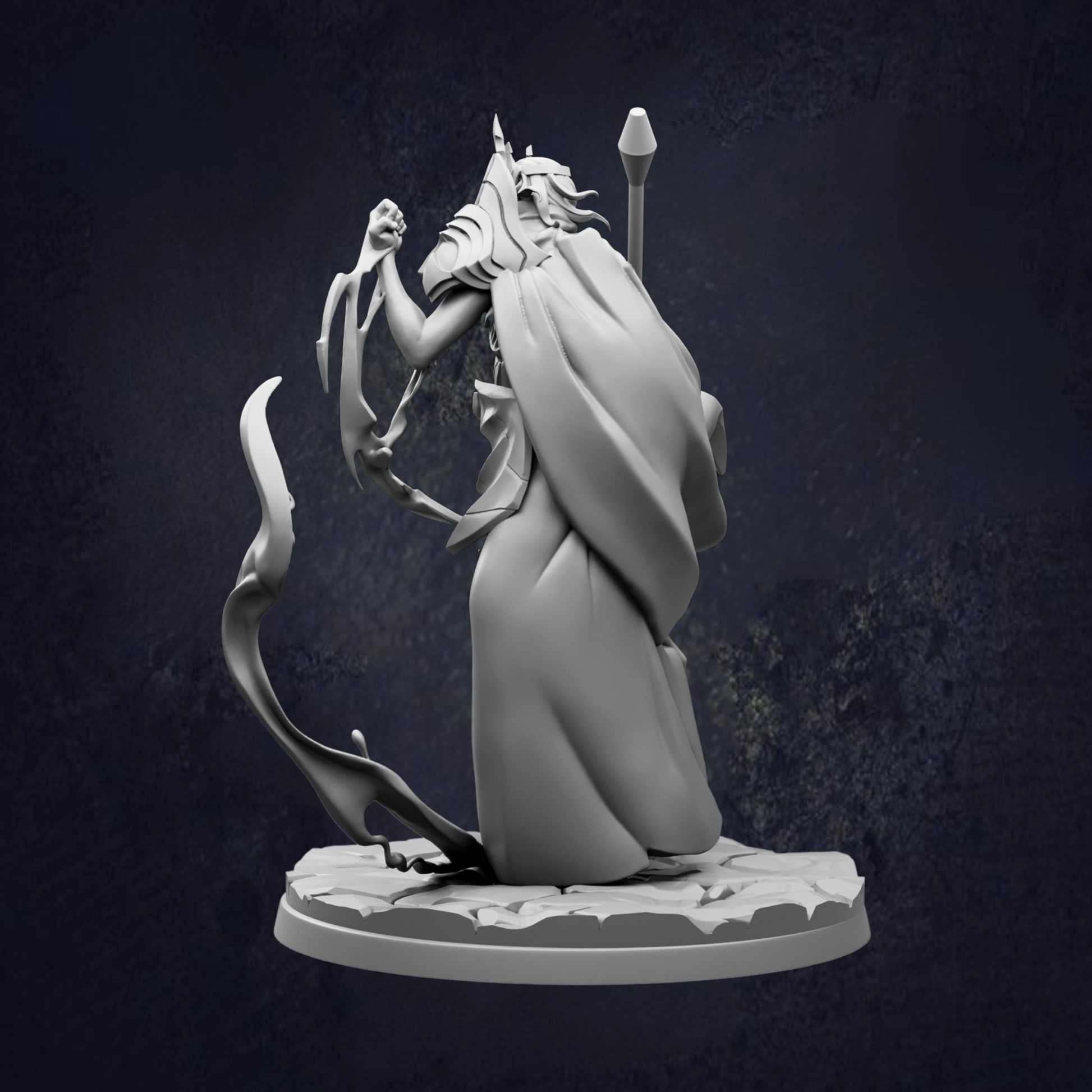 A 3D rendering of a fantastical, winged creature with a flowing robe and a staff, standing on a platform against a dark background.