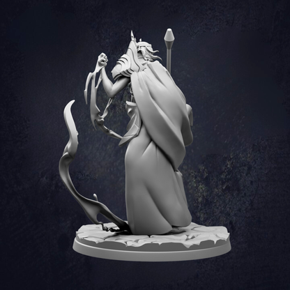 A 3D rendering of a fantastical, winged creature with a flowing robe and a staff, standing on a platform against a dark background.