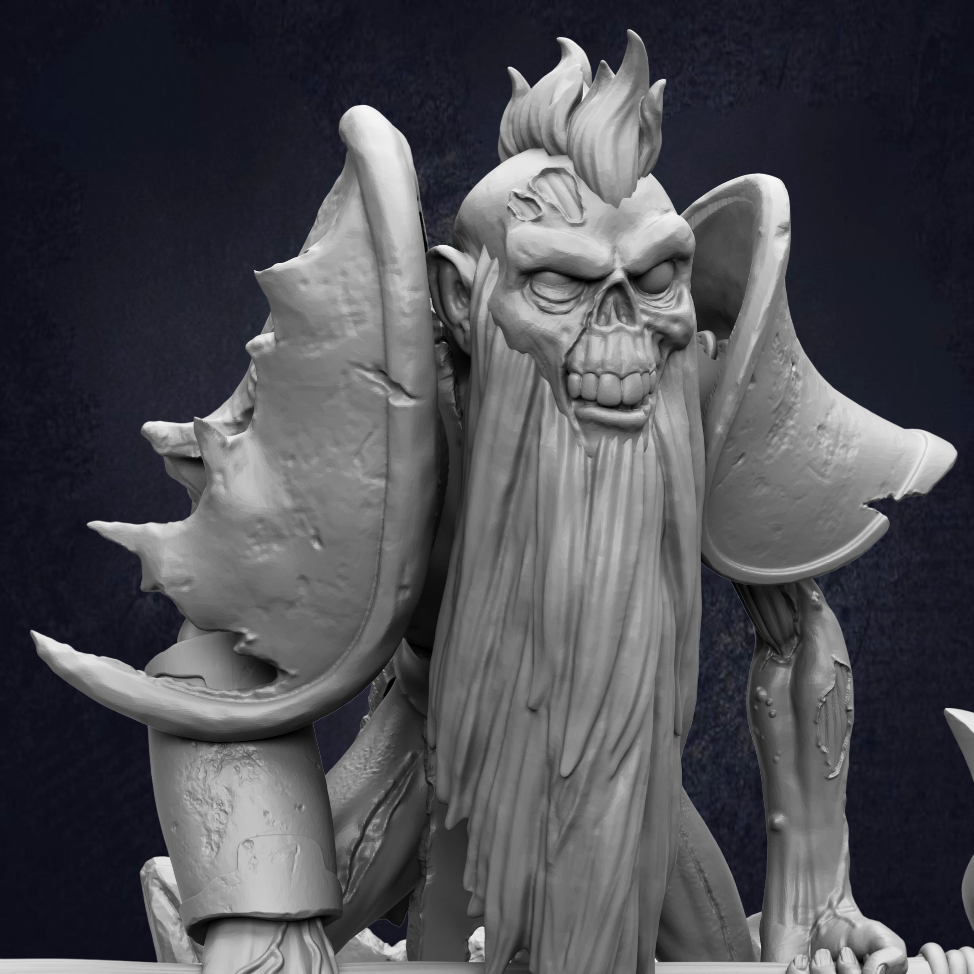 A detailed 3D rendering of a fantastical creature with a long beard and a fierce expression, set against a dark background.