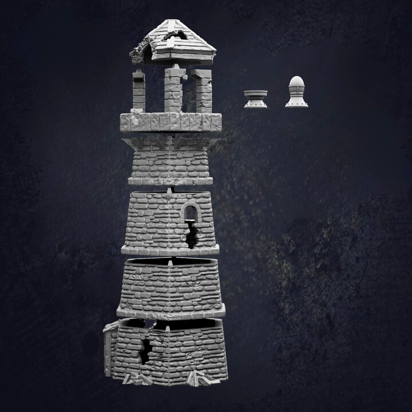 A 3D rendering of a stone tower with a pointed roof, set against a dark background.