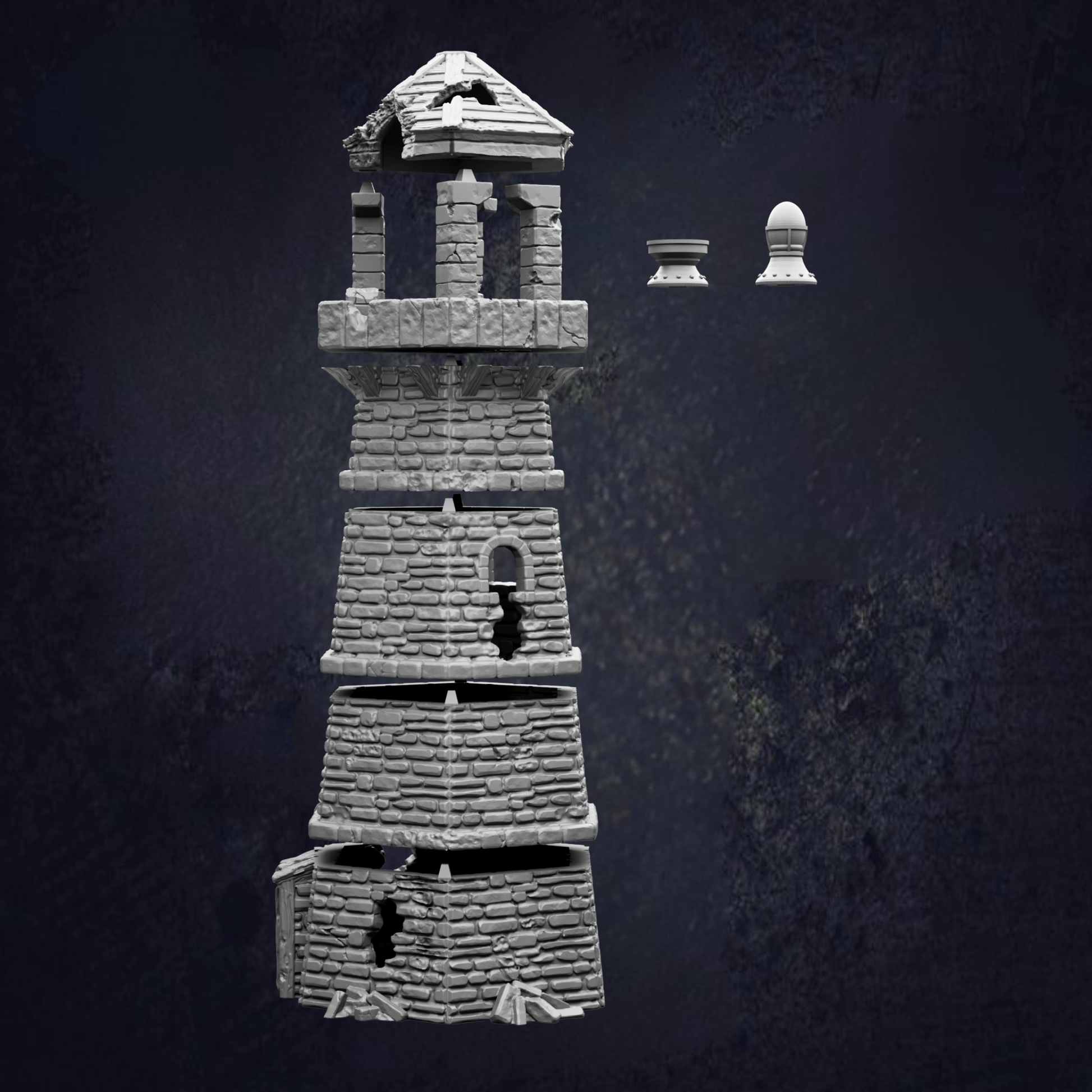 A 3D rendering of a stone tower with a pointed roof, set against a dark background.
