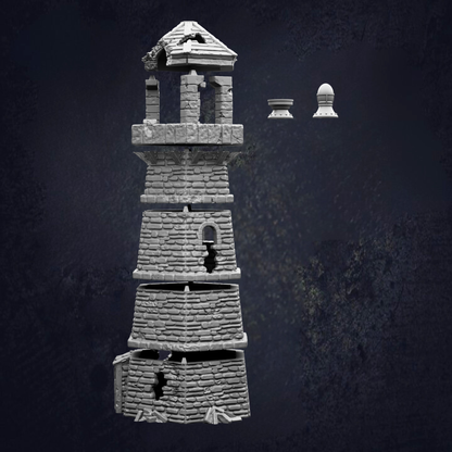 A 3D rendering of a stone tower with a pointed roof, set against a dark background.