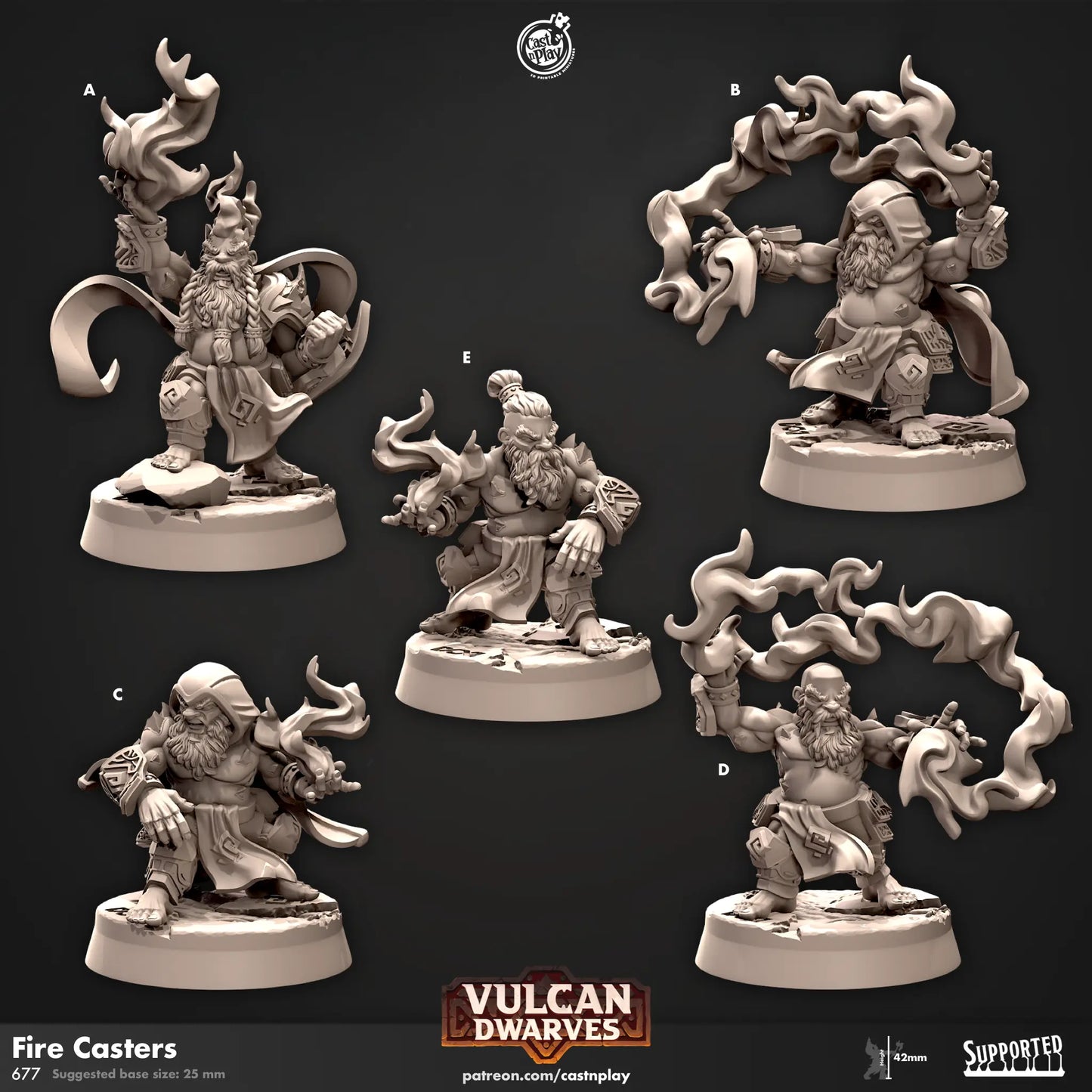 3D miniatures of Vulcan Dwarves, labeled A to E, wielding magical fire effects. Each dwarf has a unique pose and attire, combining traditional fantasy dwarf aesthetics with flame-casting abilities. The miniatures feature detailed beards, runic armor, flowing robes, and swirling flames emanating from their hands. Some wear hoods or capes, while others have exposed muscular torsos. The base of each figure is textured to resemble rocky terrain and 25mm in size. Ideal for DnD and RPGs.