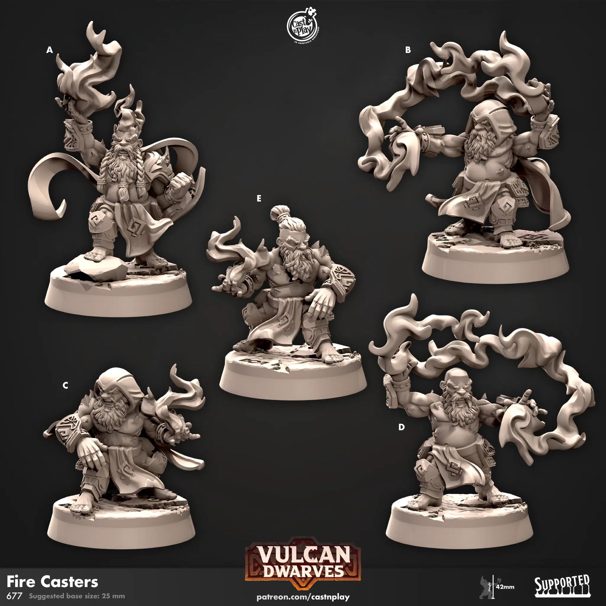 3D miniatures of Vulcan Dwarves, labeled A to E, wielding magical fire effects. Each dwarf has a unique pose and attire, combining traditional fantasy dwarf aesthetics with flame-casting abilities. The miniatures feature detailed beards, runic armor, flowing robes, and swirling flames emanating from their hands. Some wear hoods or capes, while others have exposed muscular torsos. The base of each figure is textured to resemble rocky terrain and 25mm in size. Ideal for DnD and RPGs.