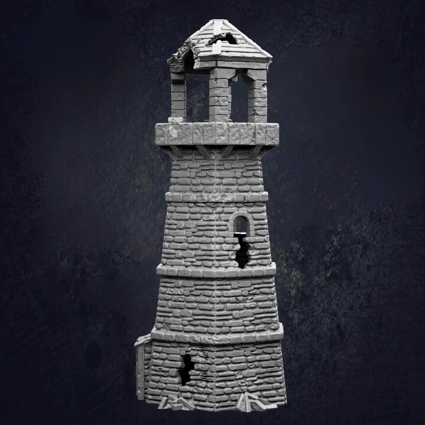 A stone tower with a pointed roof and a small window on the side, set against a dark background.