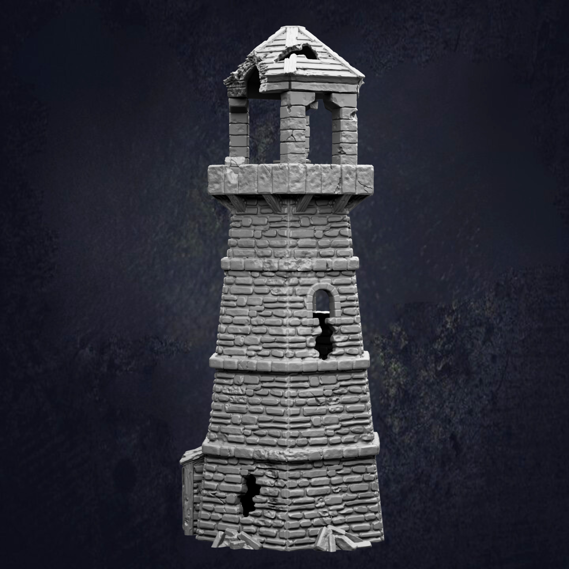 A stone tower with a pointed roof and a small window on the side, set against a dark background.