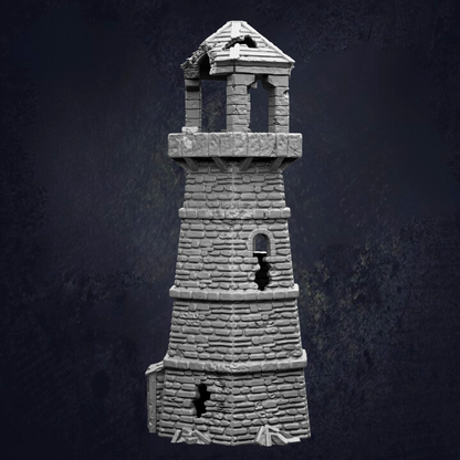 A stone tower with a pointed roof and a small window on the side, set against a dark background.