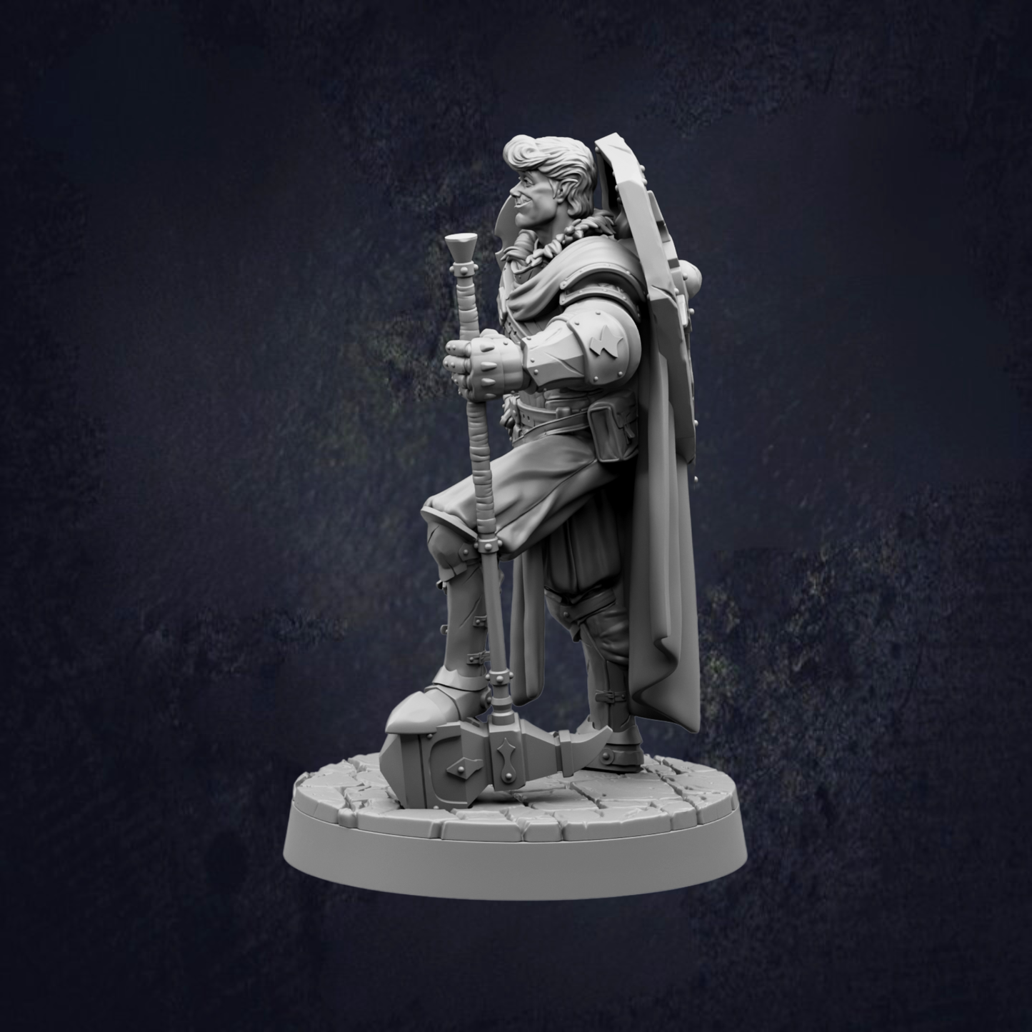 A 3D model of a knight figure holding a shield and sword, standing on a pedestal against a dark background.