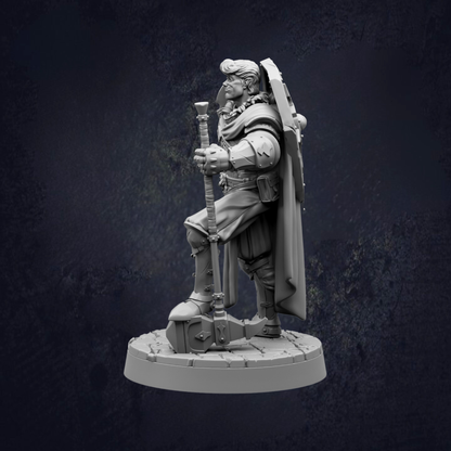 A 3D model of a knight figure holding a shield and sword, standing on a pedestal against a dark background.