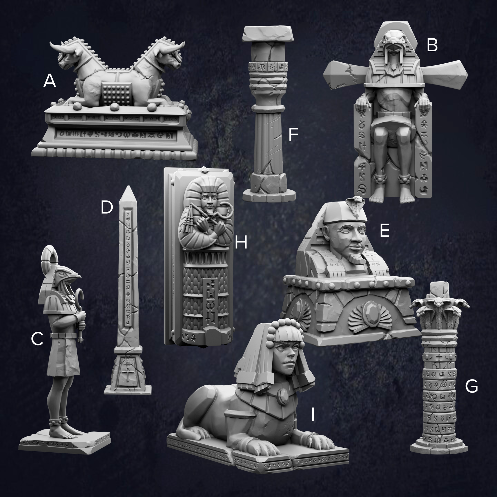 a collection of seven distinct statues or figurines, each with unique features and designs, arranged against a dark background.