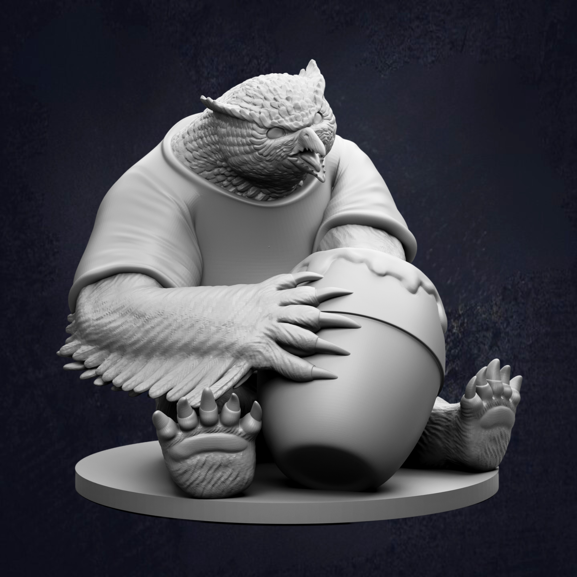 A 3D rendering of an owl figurine holding a large bowl, with its wings spread out.