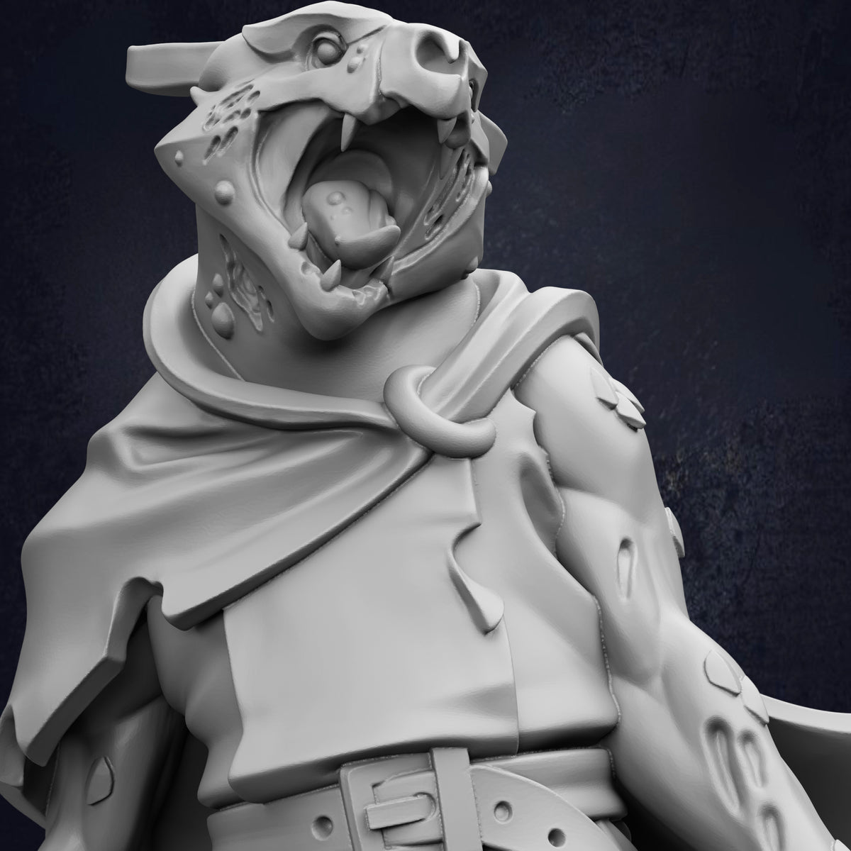 A close-up view of a detailed 3D model of a fierce-looking creature, possibly a mythical or fantastical animal, with sharp teeth and claws.