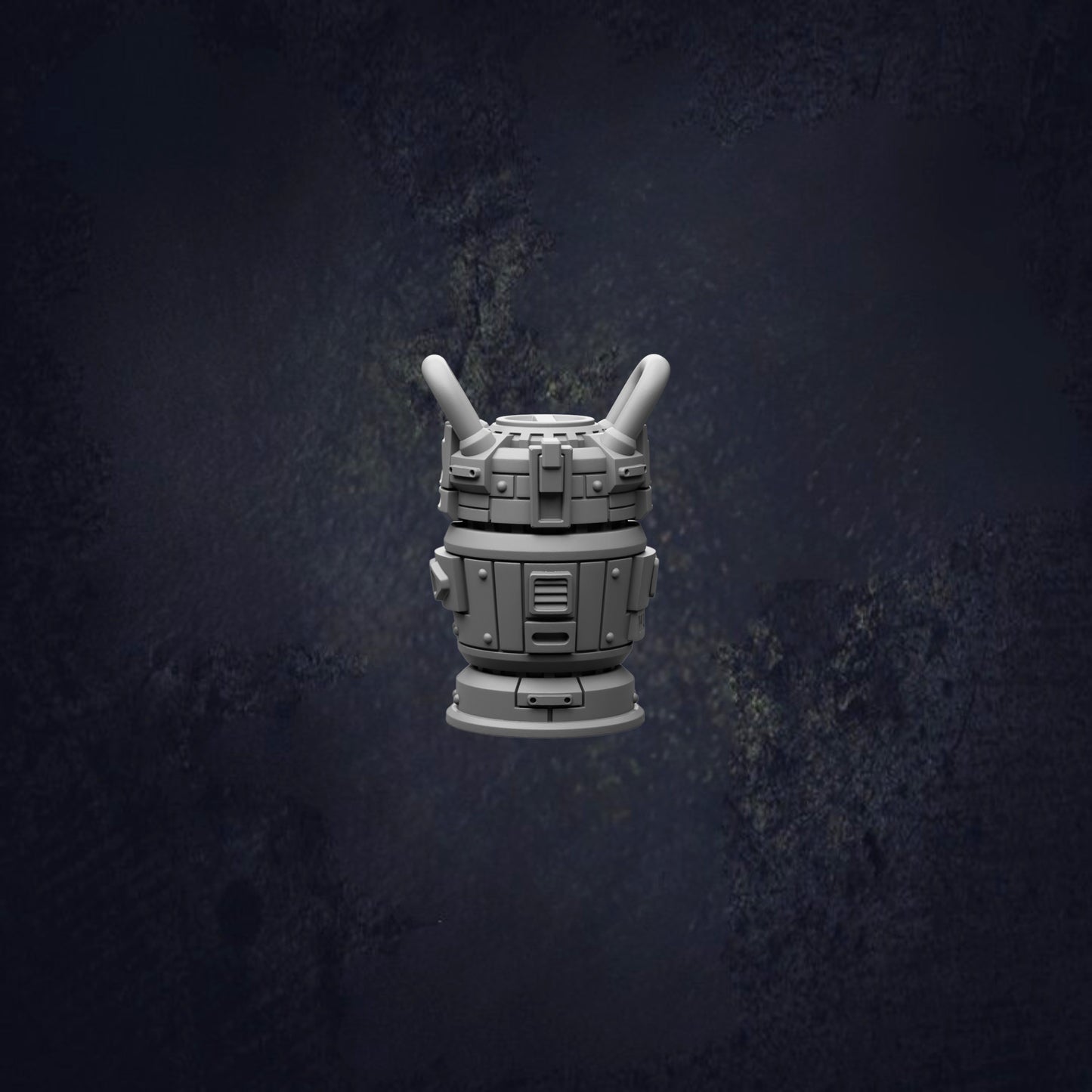 A 3D rendering of a futuristic-looking object, possibly a robot or spacecraft, against a dark background.