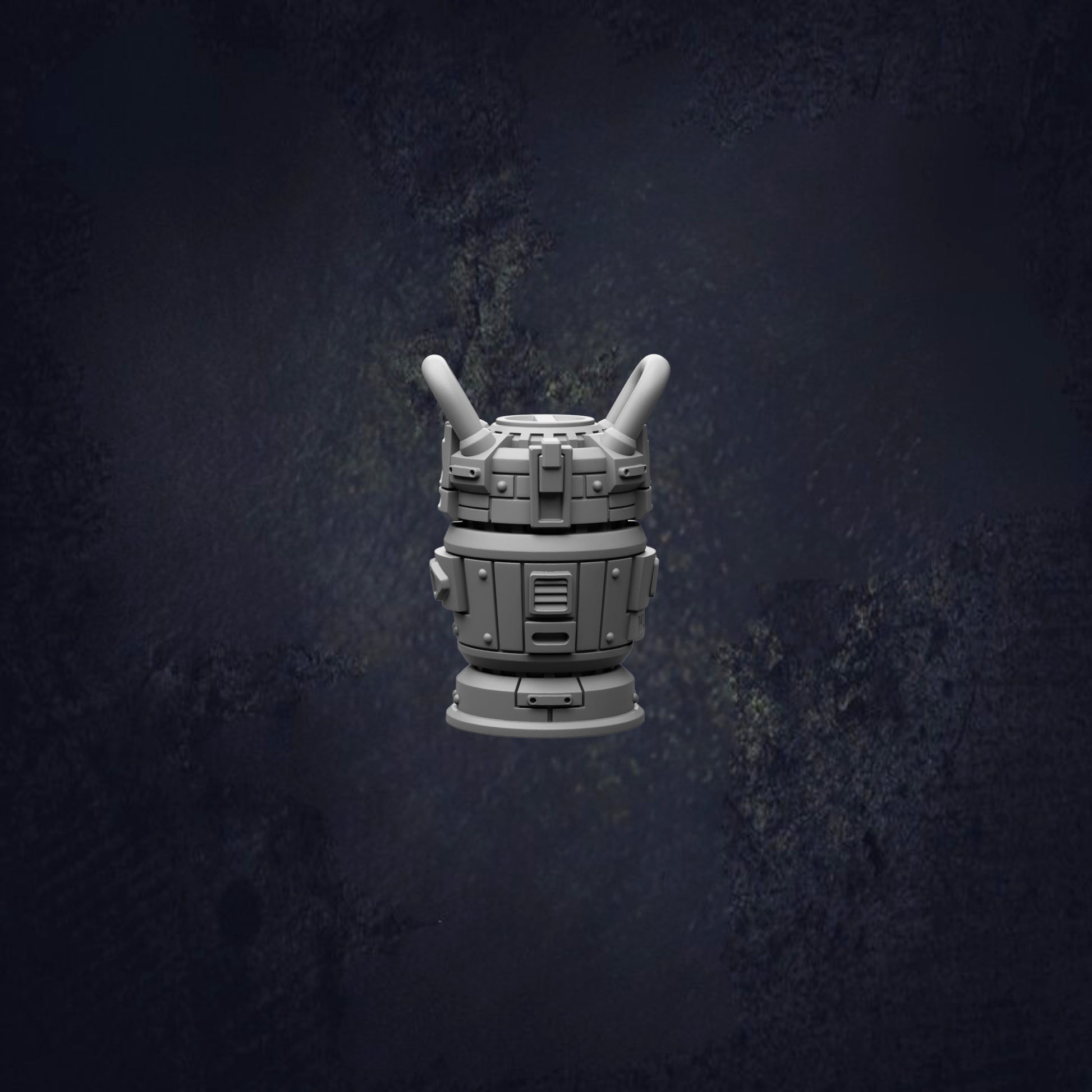 A 3D rendering of a futuristic-looking object, possibly a robot or spacecraft, against a dark background.