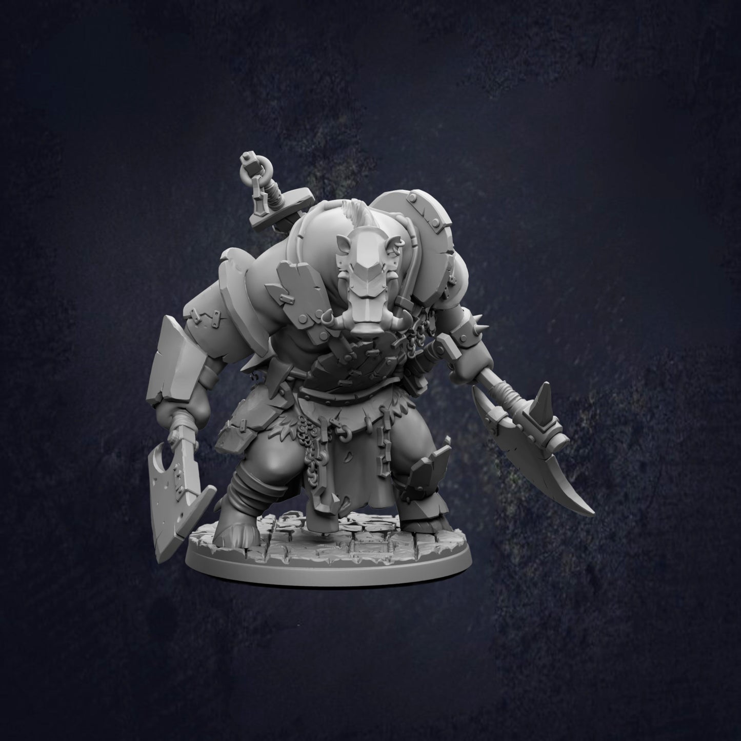 A detailed 3D model of a warrior figure, likely a fantasy character, with a fierce expression and wielding various weapons.