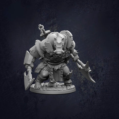 A detailed 3D model of a warrior figure, likely a fantasy character, with a fierce expression and wielding various weapons.